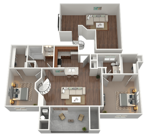 3D rendering of a 2 bed 2 bath loft apartment
